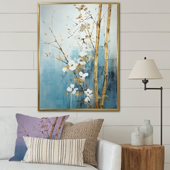 Designart "Blue And Gold Bamboo In Minimalism" Bamboo Floater Framed Wall Art Living Room