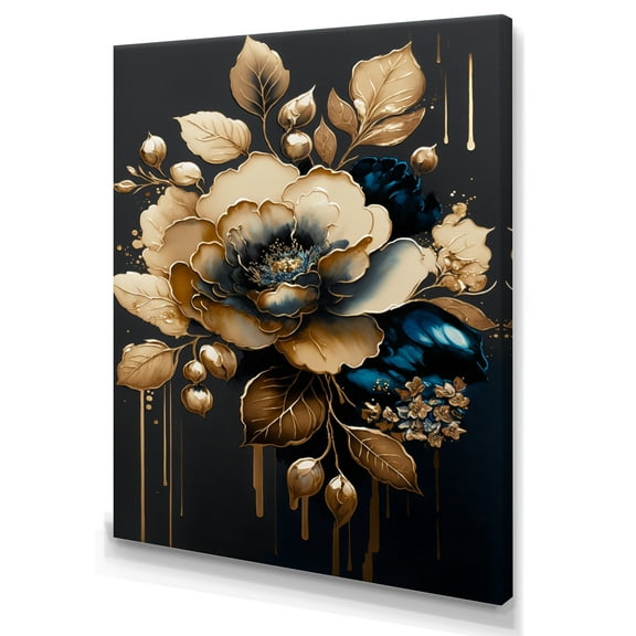 Designart Blue And Gold Camellia I Canvas Wall Art