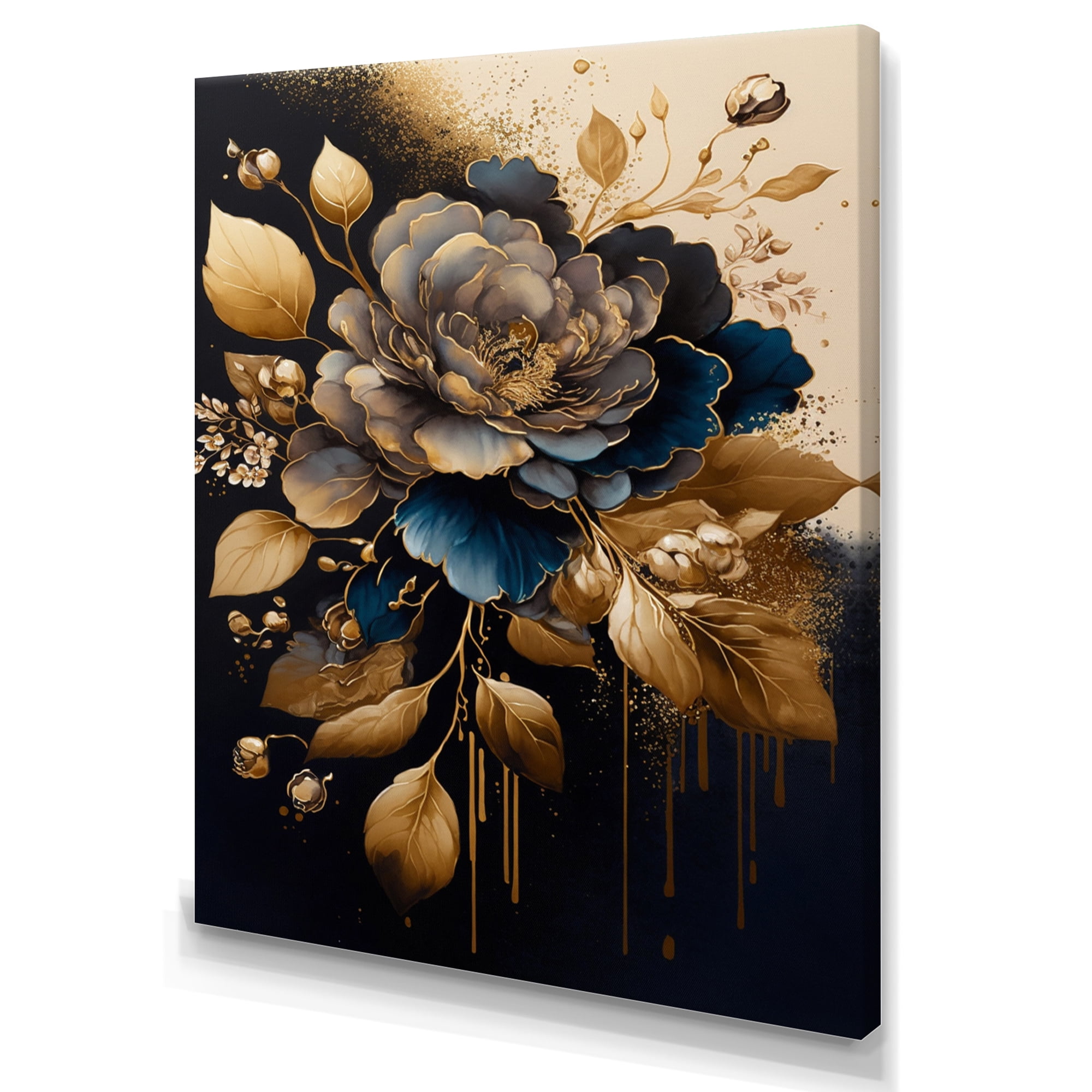 Designart Blue And Gold Camellia II Canvas Wall Art
