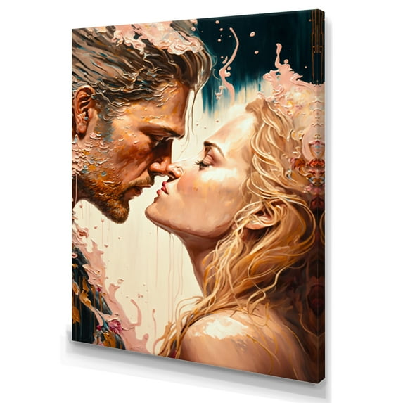 Designart Blue And Gold Couple Kissing Art Canvas Wall Art