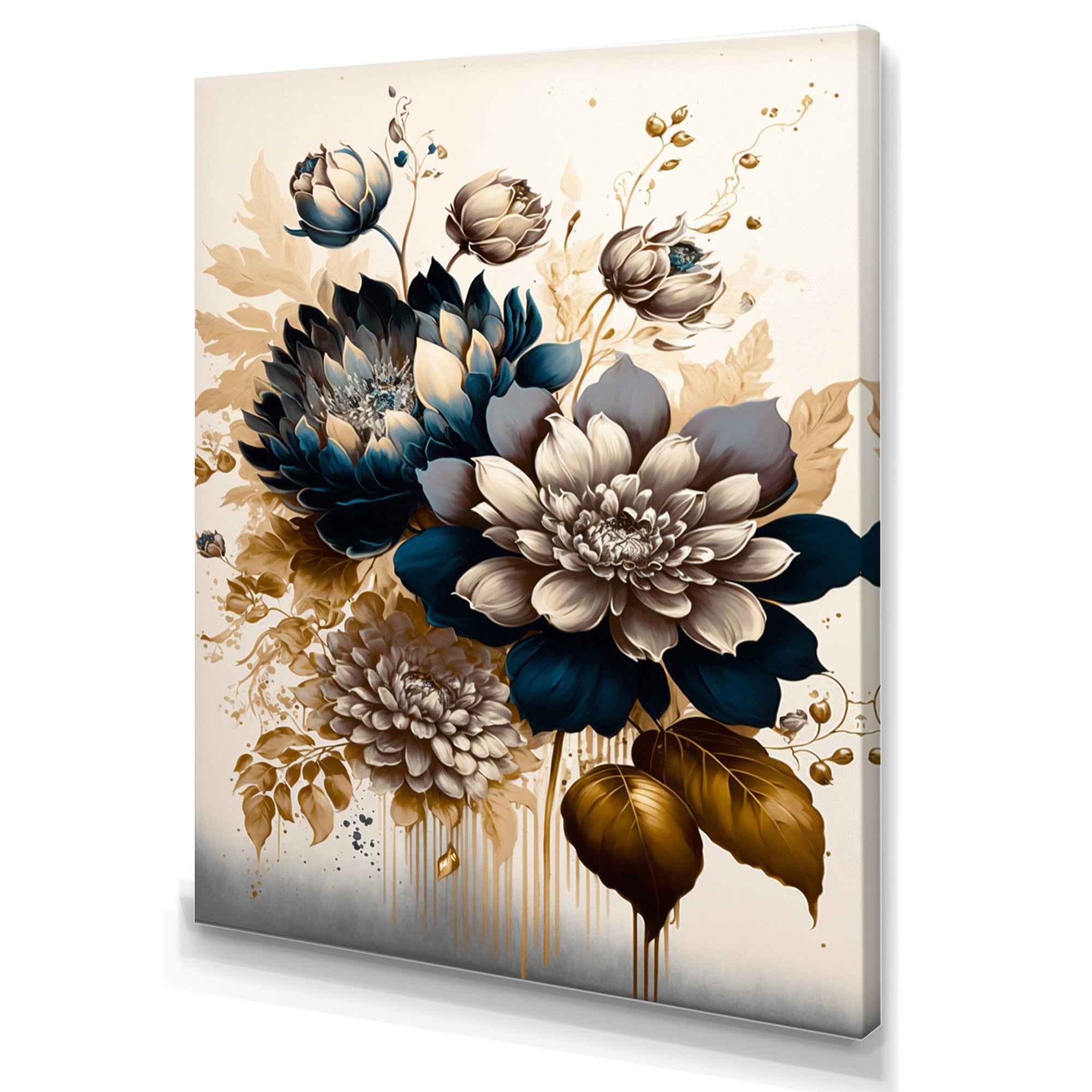 Designart Blue And Gold Dahlia Bunch I Canvas Wall Art