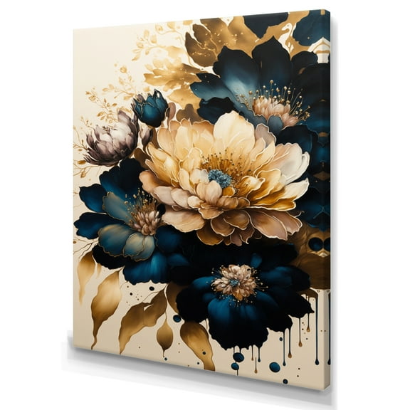 Designart Blue And Gold Dahlia Bunch III Canvas Wall Art
