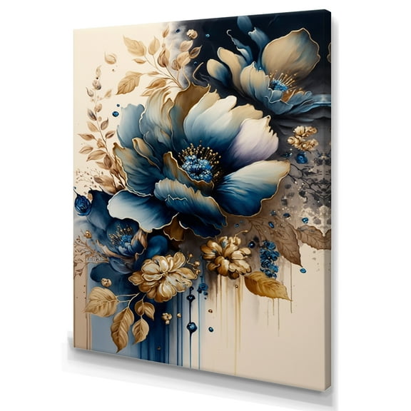 Designart Blue And Gold Floral Bunch III Canvas Wall Art
