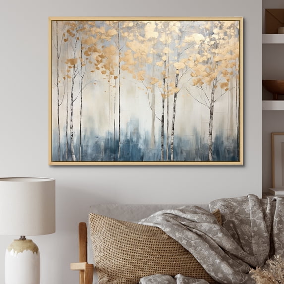 Designart "Blue And Gold Minimalist Forest II" Forest Floater Framed Wall Art Living Room