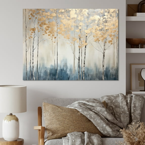 Designart "Blue And Gold Minimalist Forest II" Forest Wall Art Living Room