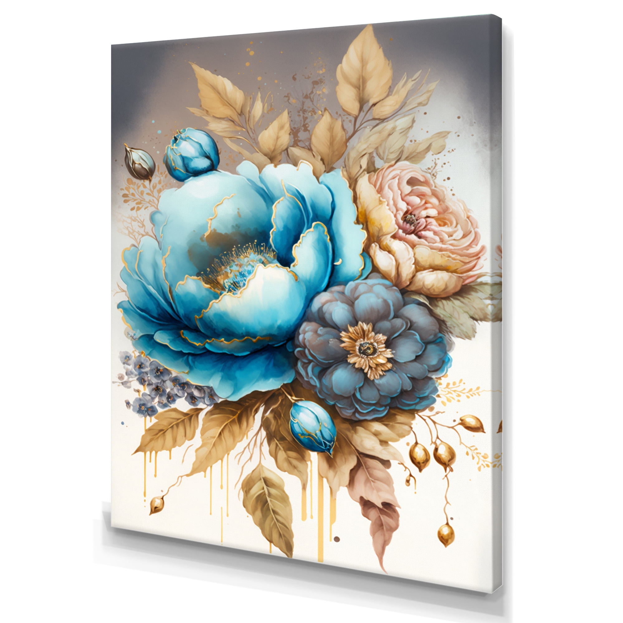 Designart Blue And Gold Mixed Floral Bouquet I Canvas Wall Art