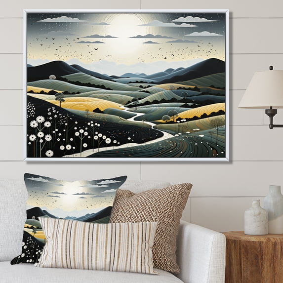 Designart "Blue And Gold Modern African horizon III" Modern Floater Framed Canvas Art Print