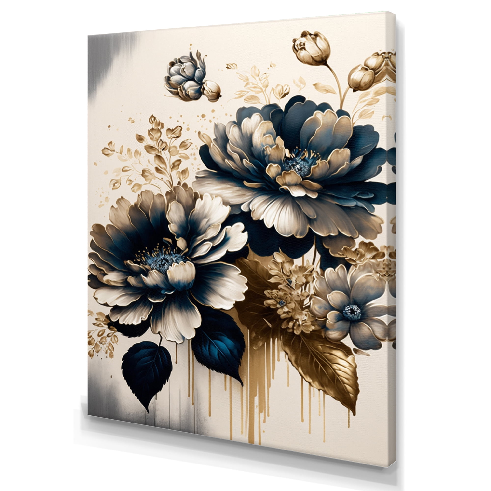 Designart Blue And Gold Zinnia Flowers III Canvas Wall Art