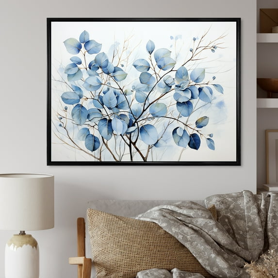 Designart "Blue And Grey Leaves Adorning A Branch III" Leaves Floater Framed Wall Art Living Room