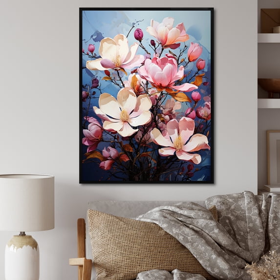 Designart "Blue And Pink Magnolia Serenade I" Magnolias Floater Framed Wall Art Prints
