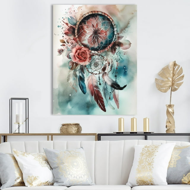 Designart "Blue And Pink Narratives Of Boho Inspiration II" Boho Feather Wall Art For Bathroom