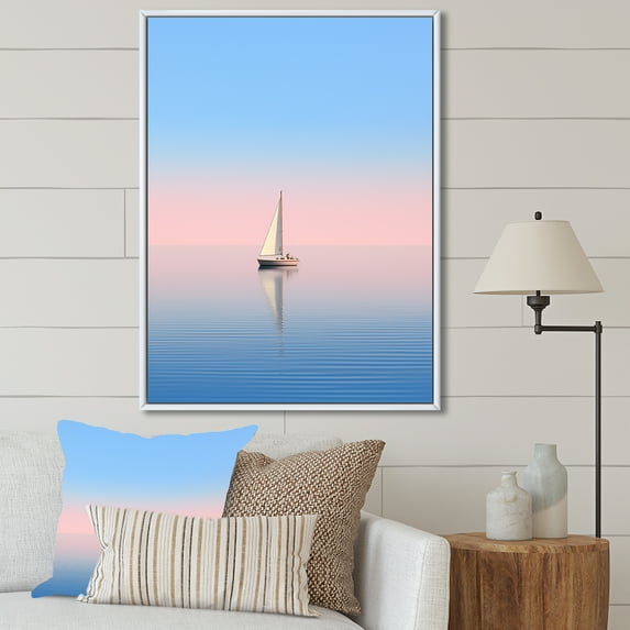Designart "Blue And Pink Sailing Boat Calm Horizon I" Boat Sailing Floater Framed Canvas Prints