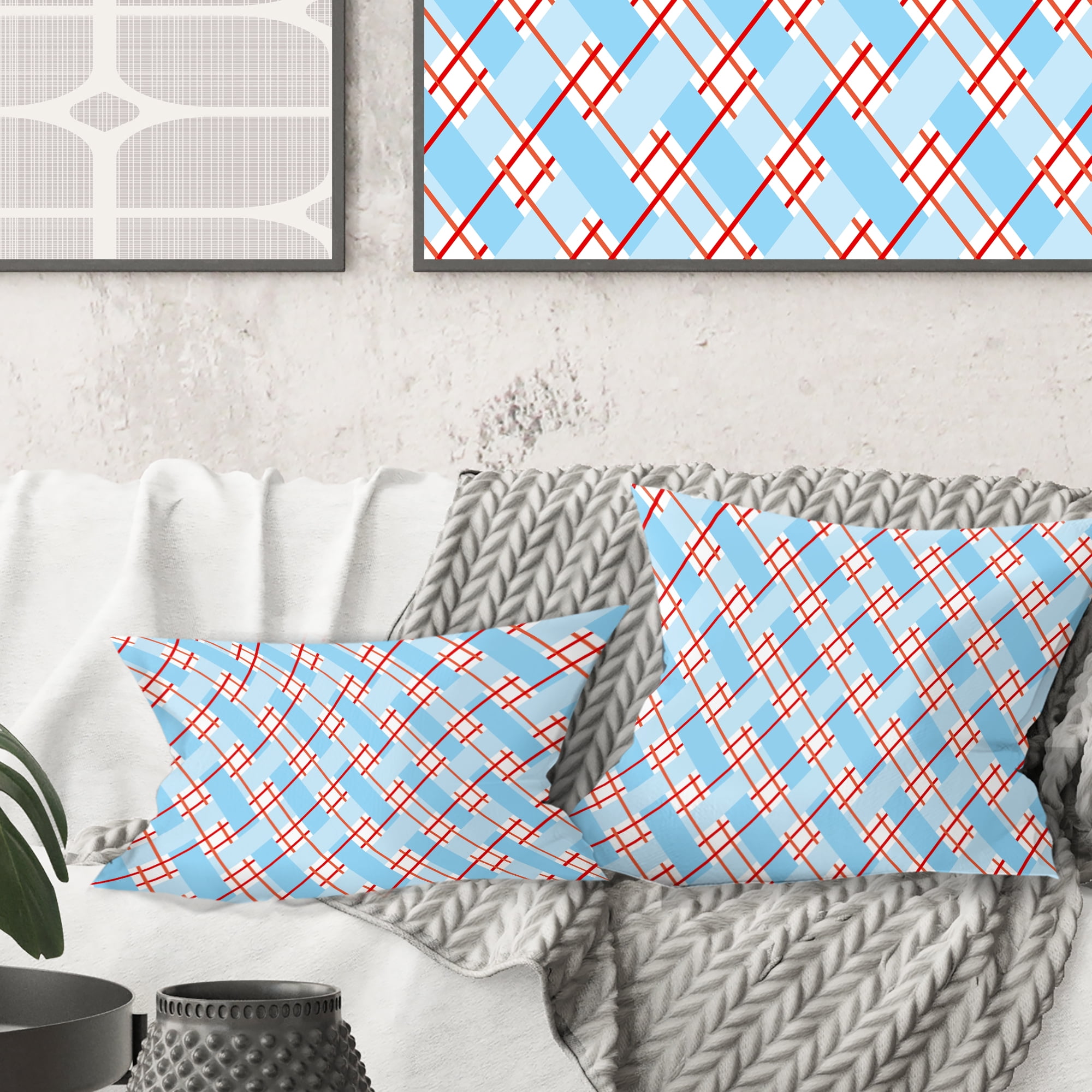 Designart Blue And Red Plaid' Mid-Century Modern Throw Pillow - 16x16