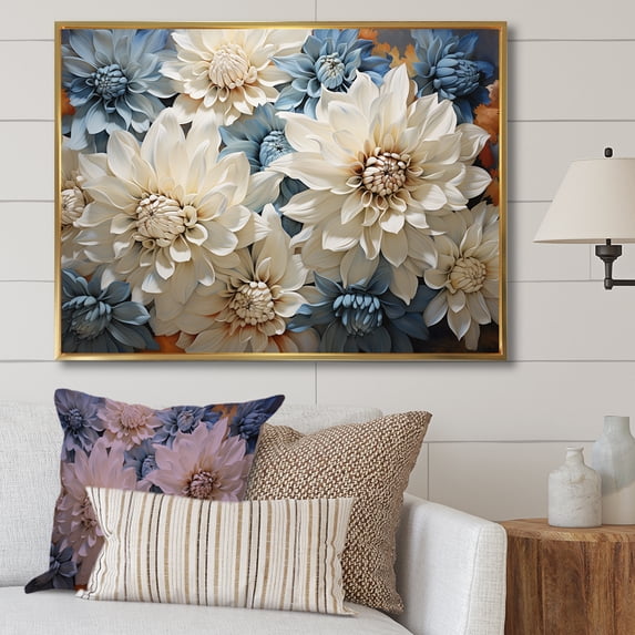 Designart "Blue And White Bouquet: Collage Of Chrysanthemums" Chrysanthemums Floater Framed Canvas Prints