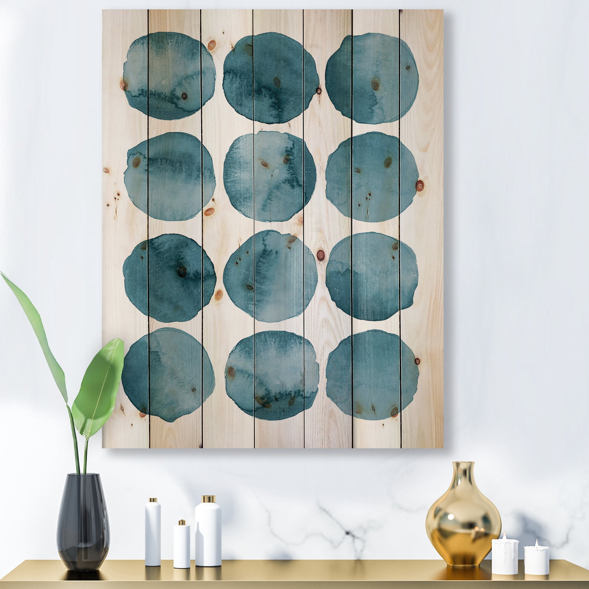 Designart 'Blue Aquamarine Circles Geometric Elements' Modern Print on Natural Pine Wood