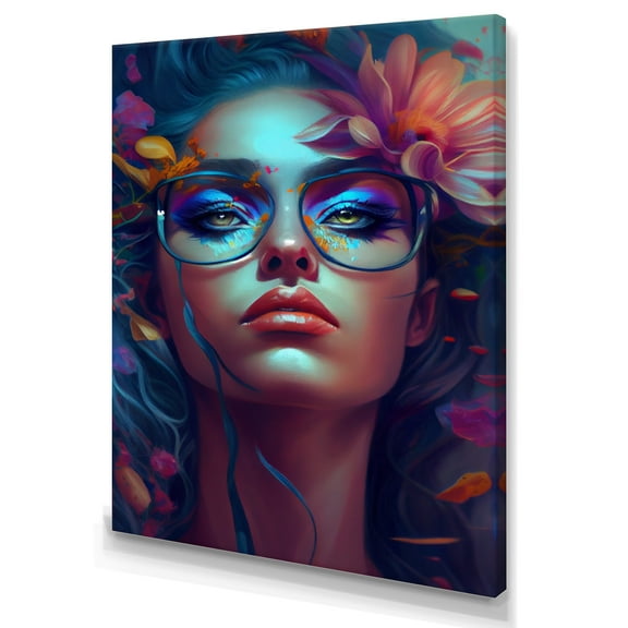 Designart Blue Attractive Woman With Flowers I Canvas Wall Art