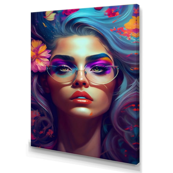 Designart Blue Attractive Woman With Flowers II Canvas Wall Art