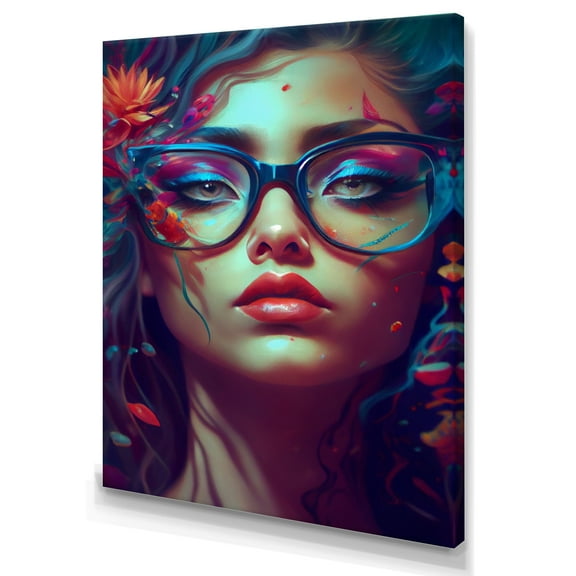 Designart Blue Attractive Woman With Flowers III Canvas Wall Art