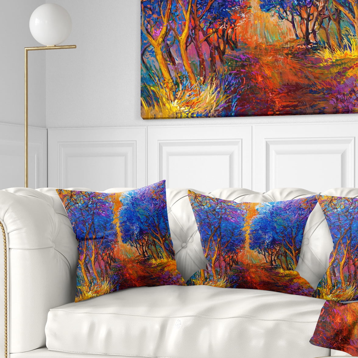 Designart Blue Autumn Forest - Landscape Printed Throw Pillow - 16x16