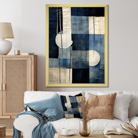 Designart "Blue Azure Geometric Collage" Abstract Framed Wall Art - Modern Blue Abstract Collages Entryway Framed Wall Art Print