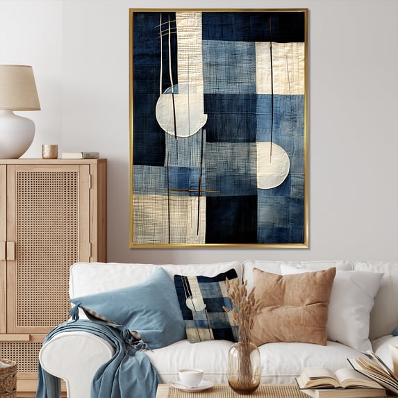 Designart "Blue Azure Geometric Collage" Abstract Framed Wall Art - Modern Blue Abstract Collages Entryway Framed Wall Art Print
