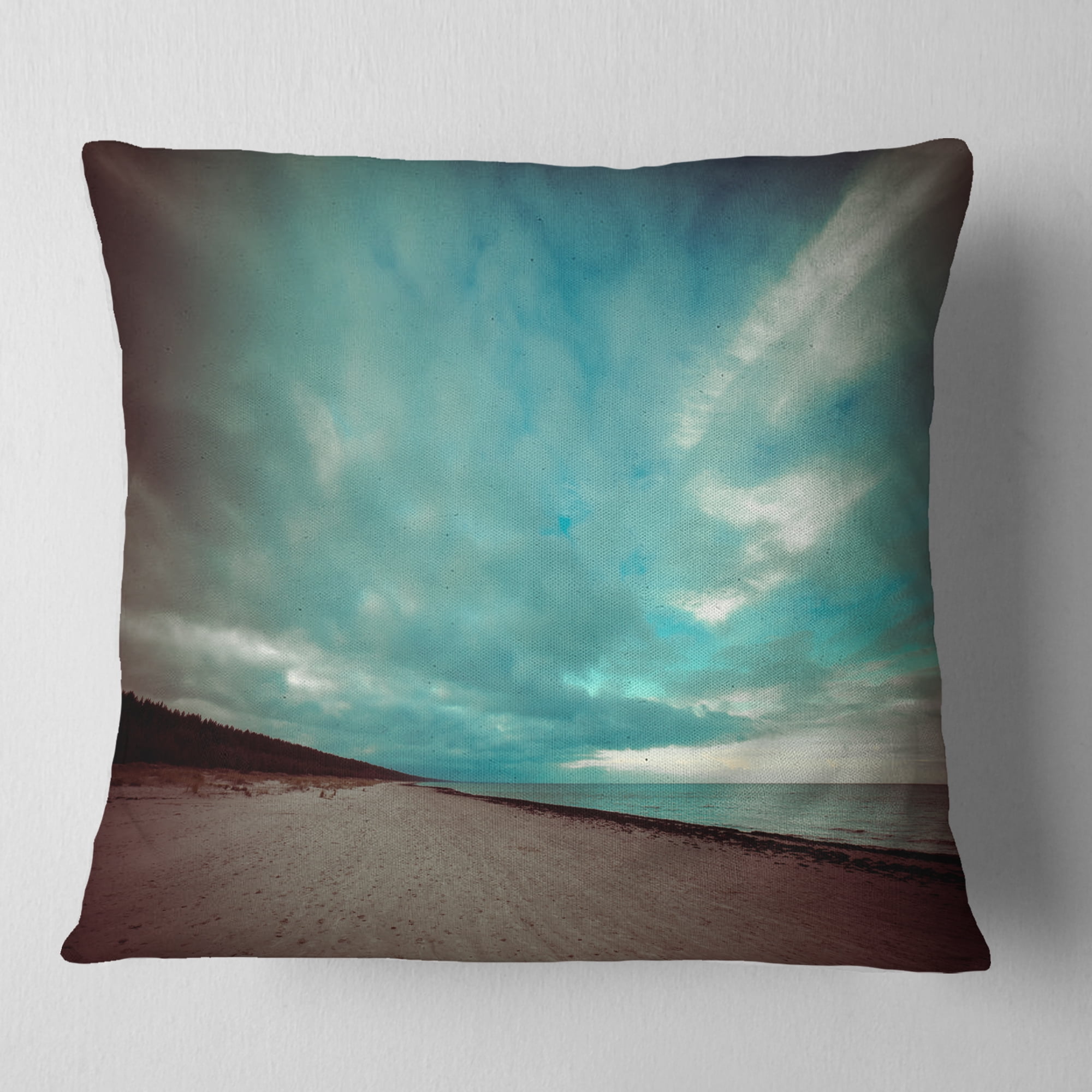 Designart Blue Baltic Beach in Fall with Clouds - Seashore Throw Pillow - 18x18