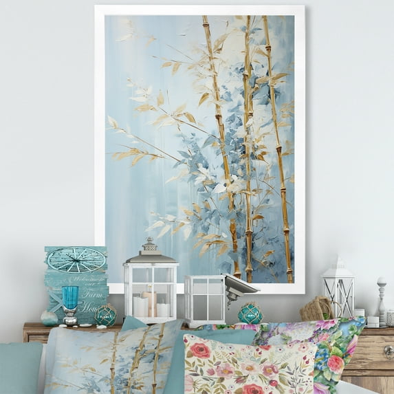 Designart "Blue Bamboo With Gold" Bamboo Picture Framed Canvas Art Print