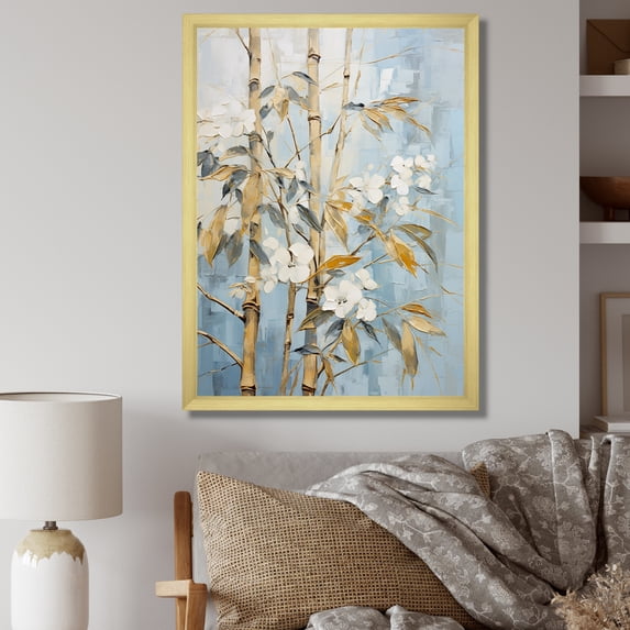 Designart "Blue Bamboo With Gold II" Bamboo Picture Framed Wall Art Prints