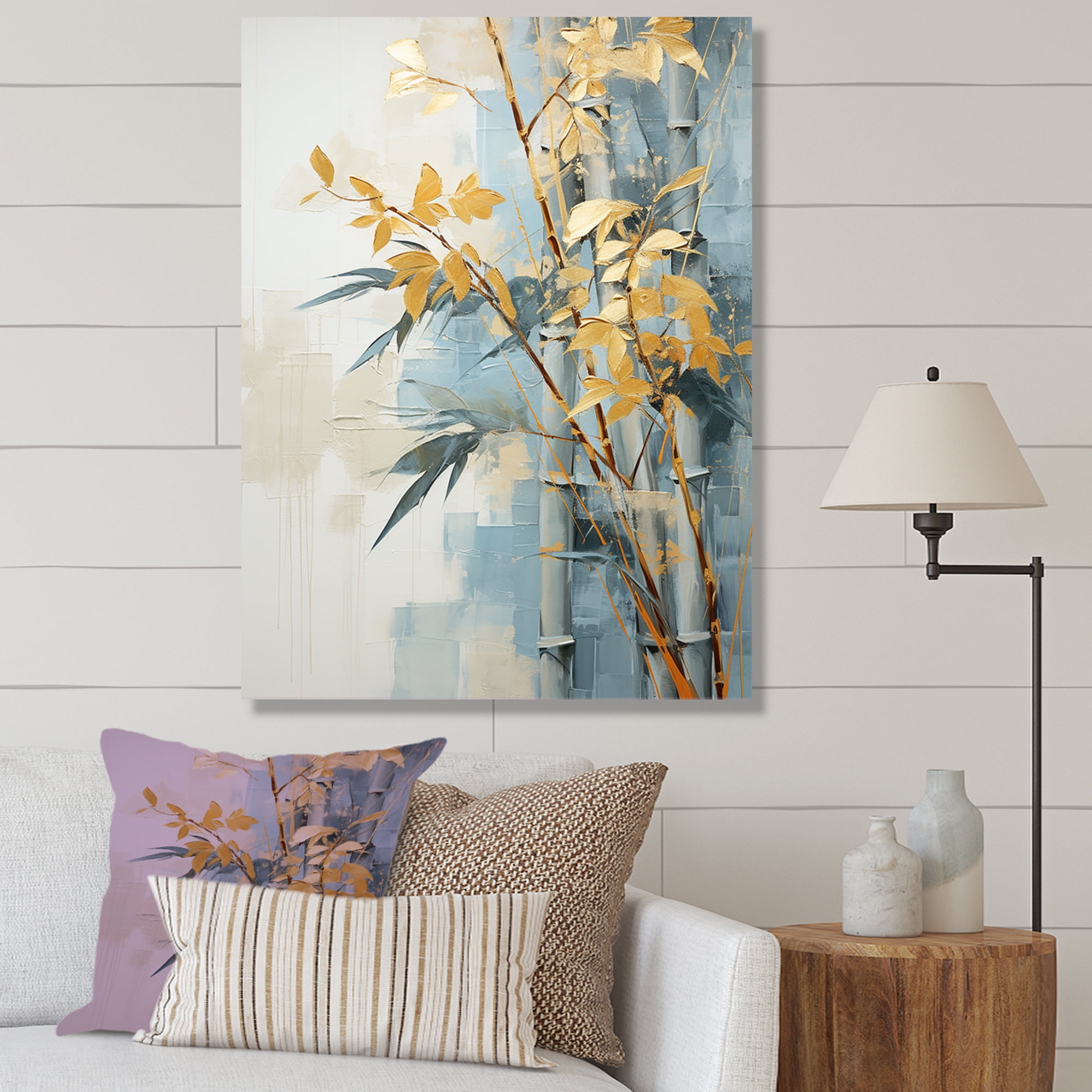 Blue and Gold Bamboo Canvas Art on Pine Wood Frame