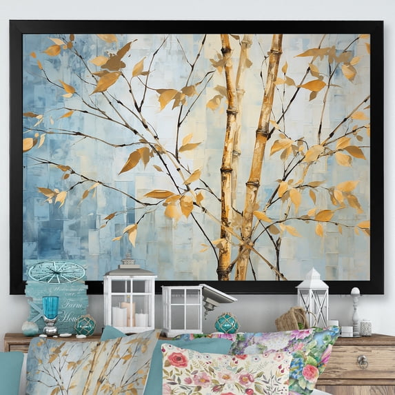 Designart "Blue Bamboo With Gold V" Bamboo Picture Framed Canvas Art Print