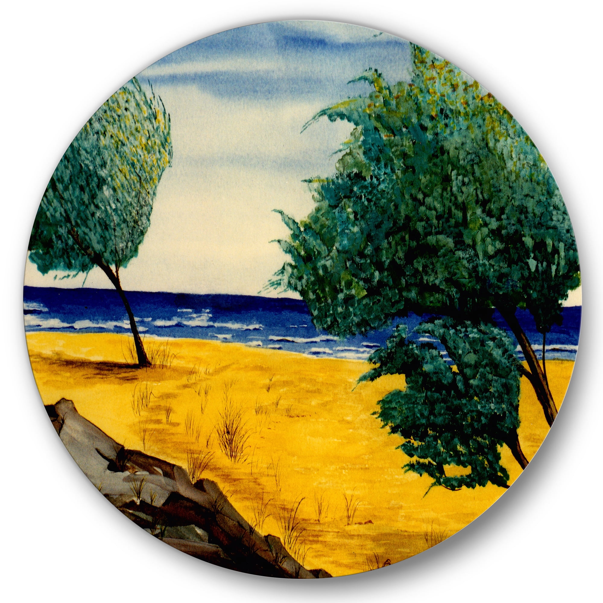 Designart 'Blue Beach By The Coastline' Nautical & Coastal Circle Metal Wall Art 23x23 - Disc of 23