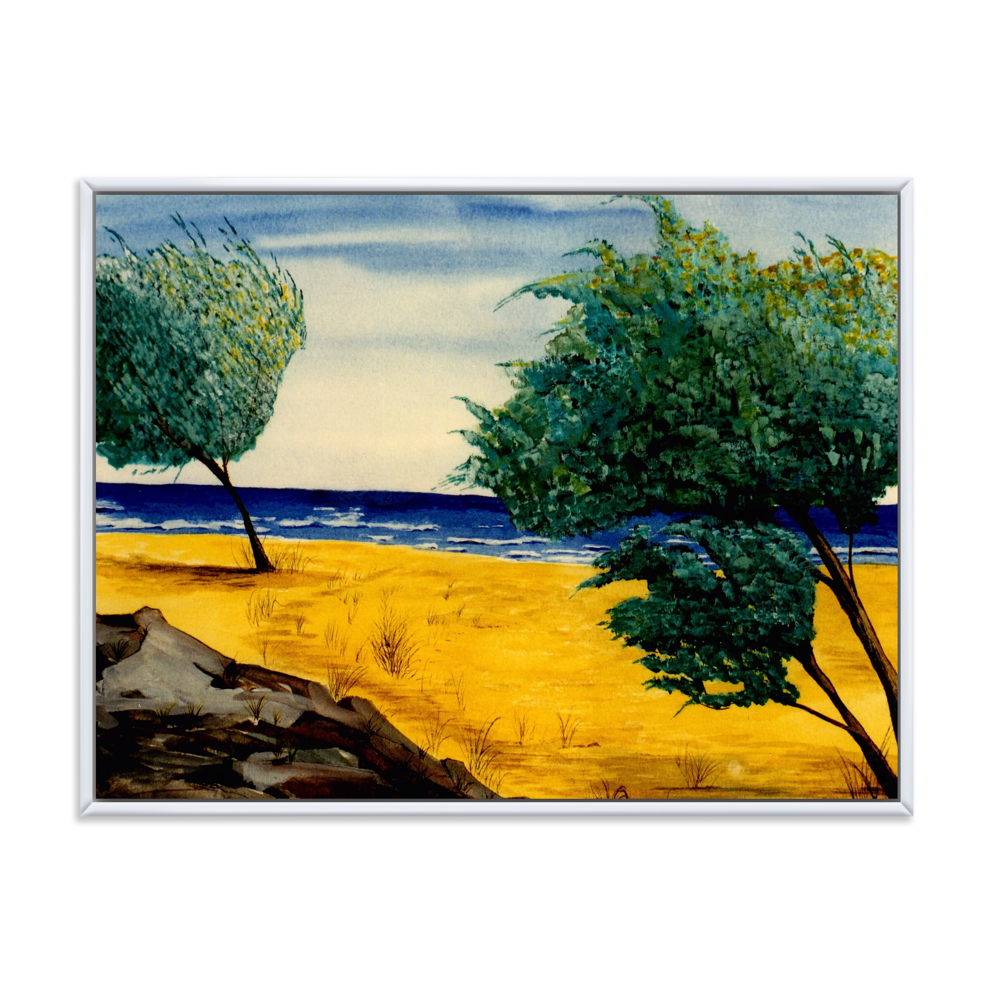 Designart 'Blue Beach By The Coastline' Nautical & Coastal Framed Canvas Wall Art Print