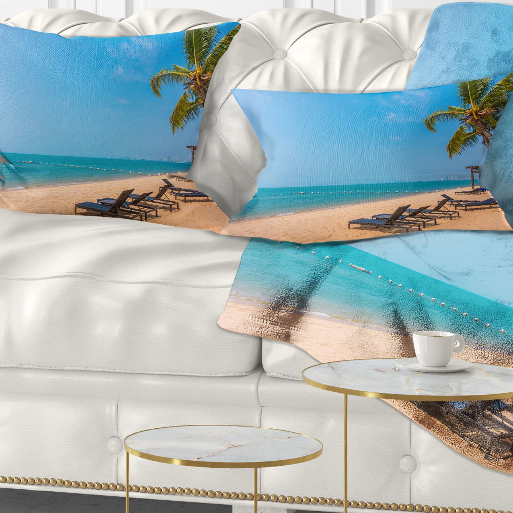 Designart Blue Beach with Palm Trees - Seashore Photo Throw Pillow - 12x20