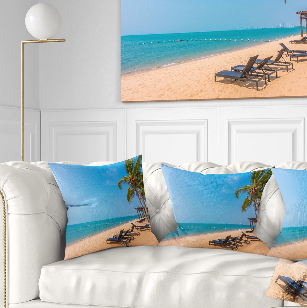 Designart Blue Beach with Palm Trees - Seashore Photo Throw Pillow - 18x18