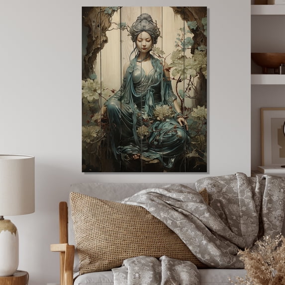 Designart "Blue Beige Buddhist Art Bodhisattva Compassion" Buddhism Print on Natural Pine Wood