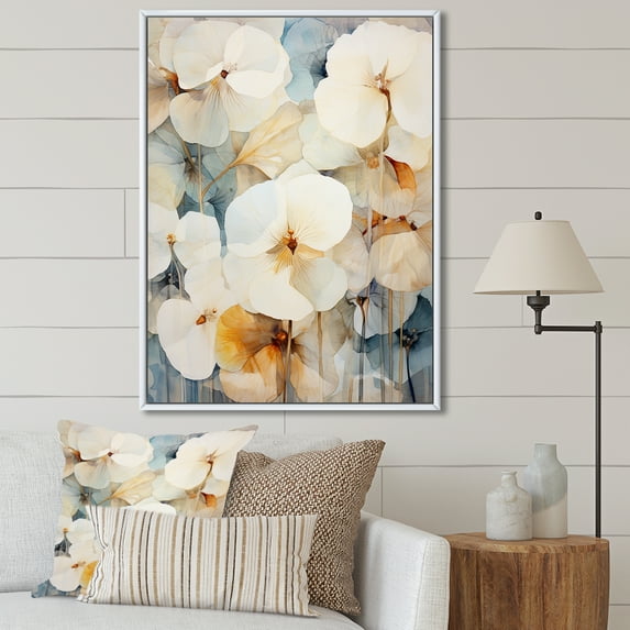 Designart "Blue-Beige Ornamental Violets" Violets Floater Framed Wall Art Prints