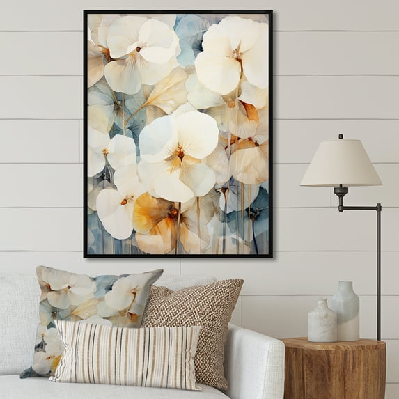 Designart "Blue-Beige Ornamental Violets" Violets Floater Framed Wall Art Prints