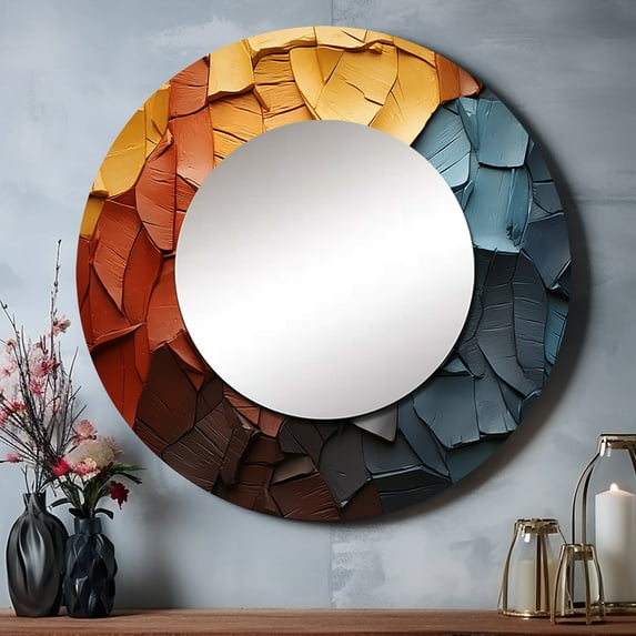 Designart "Blue Beige Redwood Tree composition" Modern Rund Mirror For Wall Decor - Large Multi-Color Round Print Mirror - Round Traditional Mirror - Wall Mounted Round Large Mirror - 29" x 29"