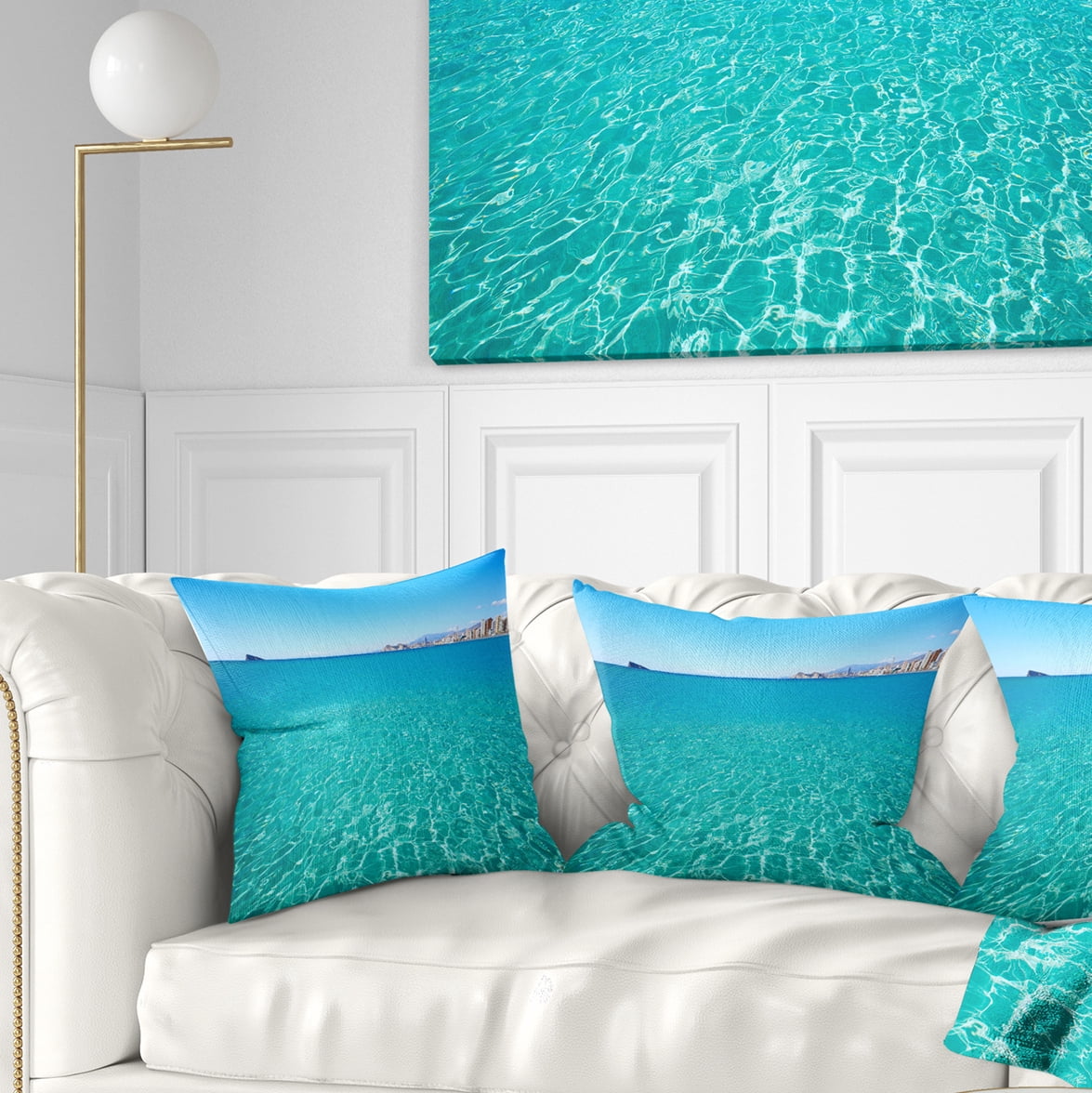 Designart Blue Benidorm Levante Beach - Seascape Throw Pillow - 18x18