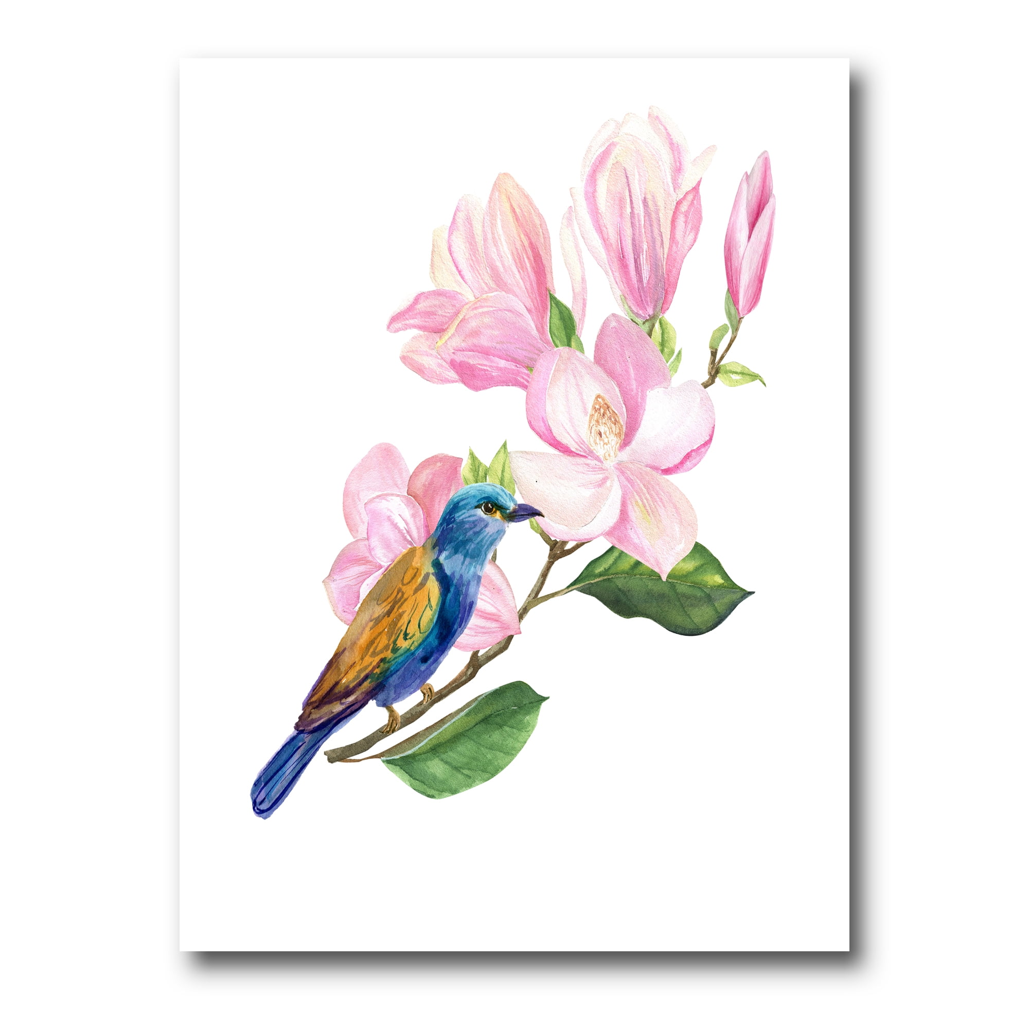 Designart ' Blue Bird Sitting On A Pink Magnolia ' Traditional Canvas Wall Art Print