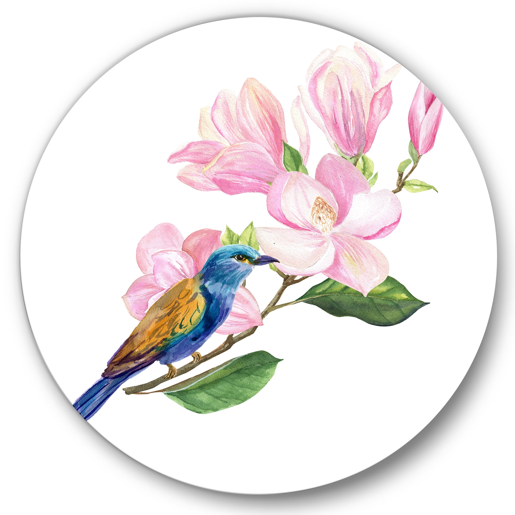 Designart 'Blue Bird Sitting On A Pink Magnolia' Traditional Circle Metal Wall Art 23x23 - Disc of 23