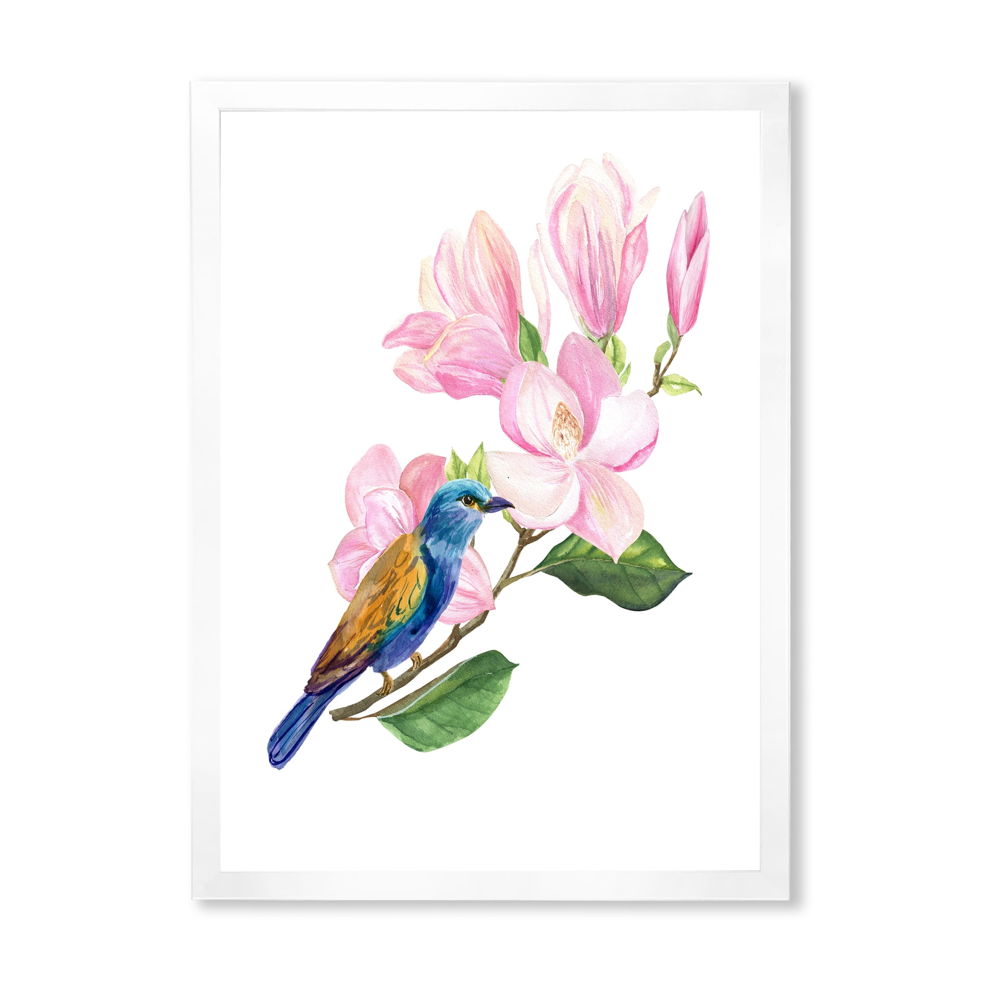 Designart 'Blue Bird Sitting On A Pink Magnolia' Traditional Framed Art Print