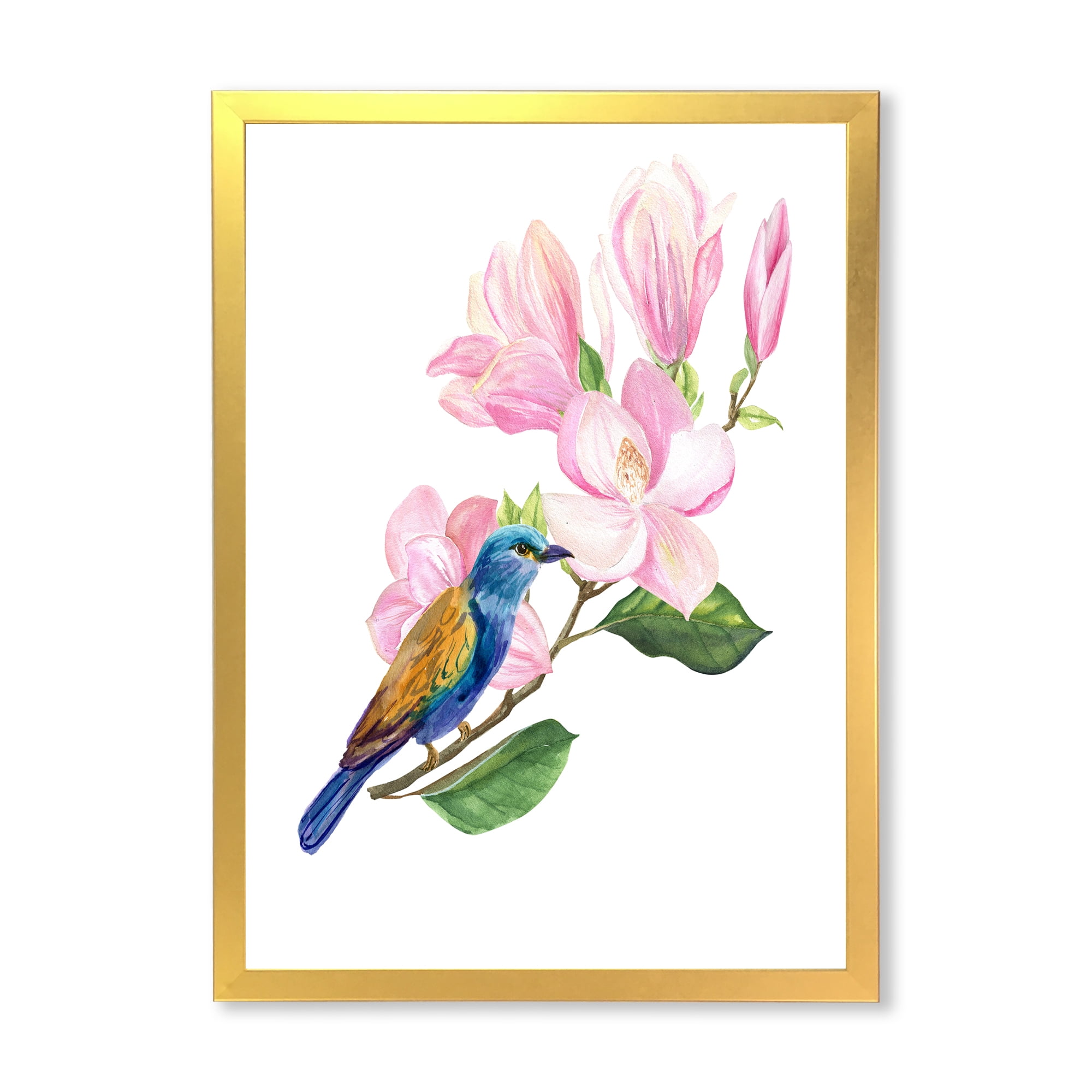 Designart 'Blue Bird Sitting On A Pink Magnolia' Traditional Framed Art Print