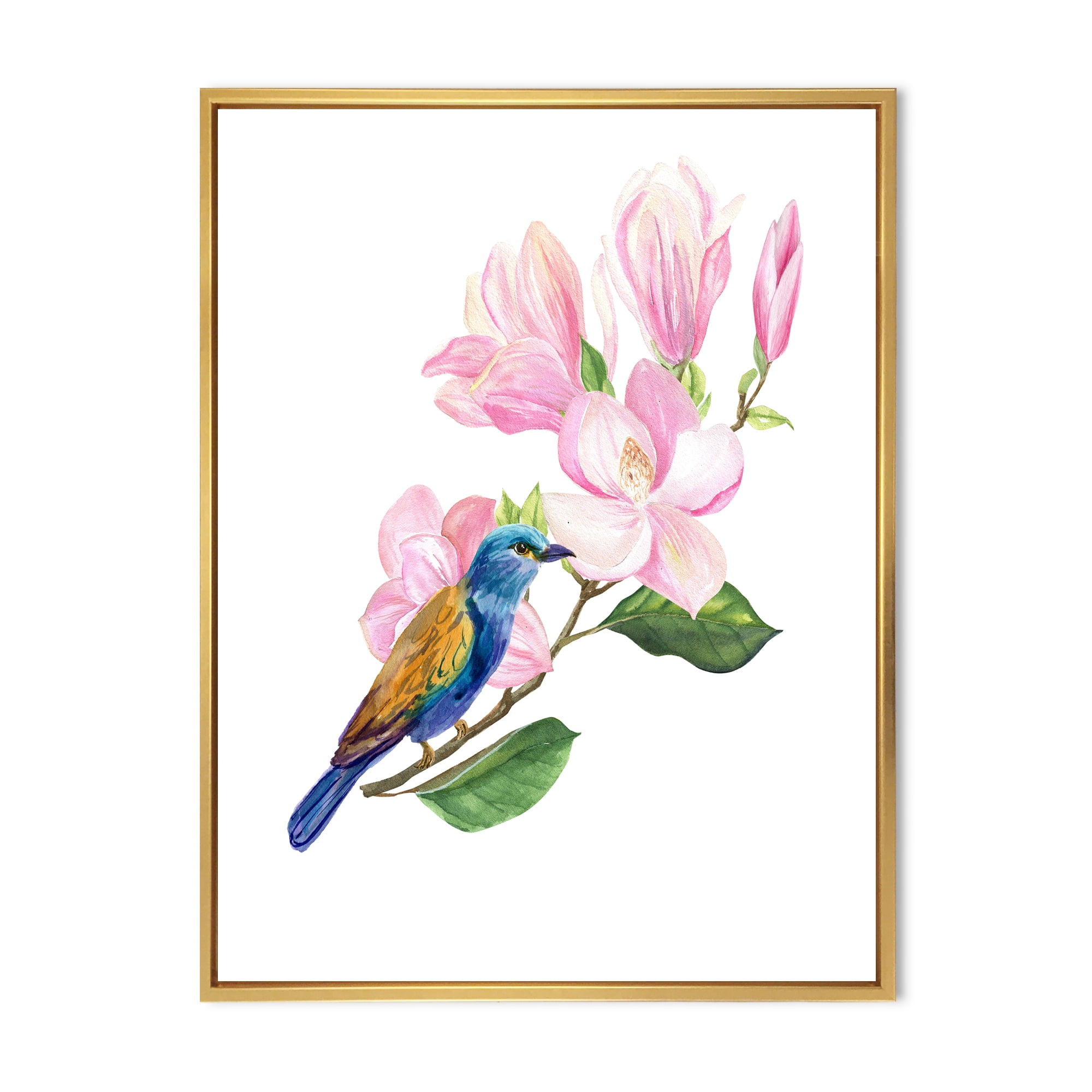 Designart 'Blue Bird Sitting On A Pink Magnolia' Traditional Framed Canvas Wall Art Print