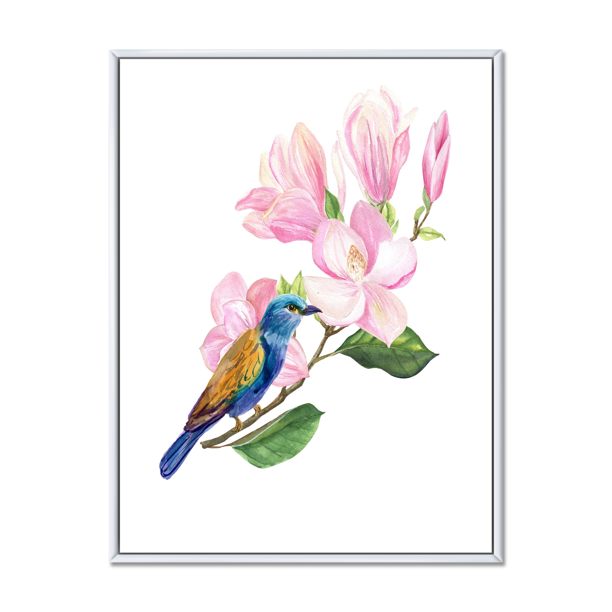 Designart 'Blue Bird Sitting On A Pink Magnolia' Traditional Framed Canvas Wall Art Print
