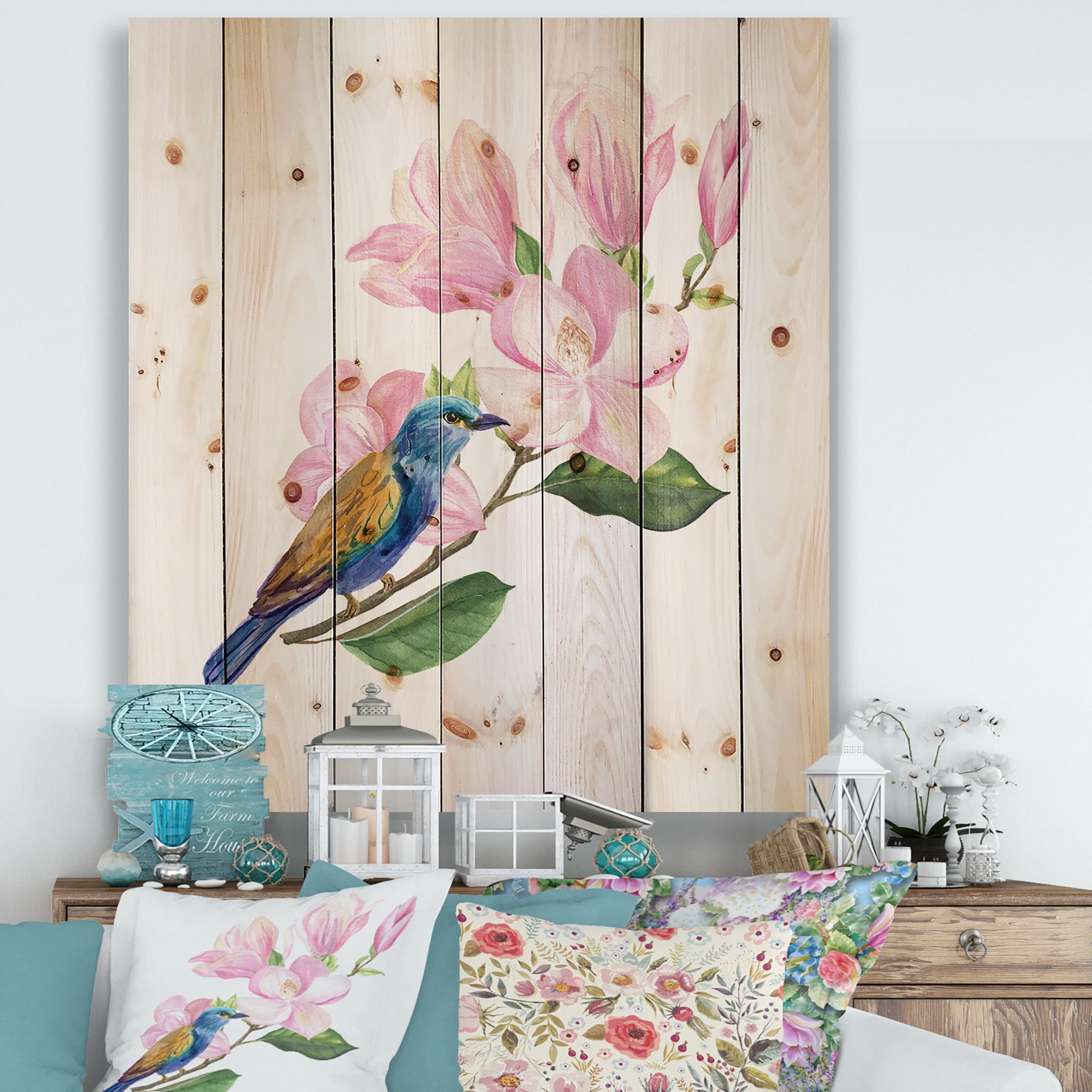 Designart 'Blue Bird Sitting On A Pink Magnolia' Traditional Print on Natural Pine Wood