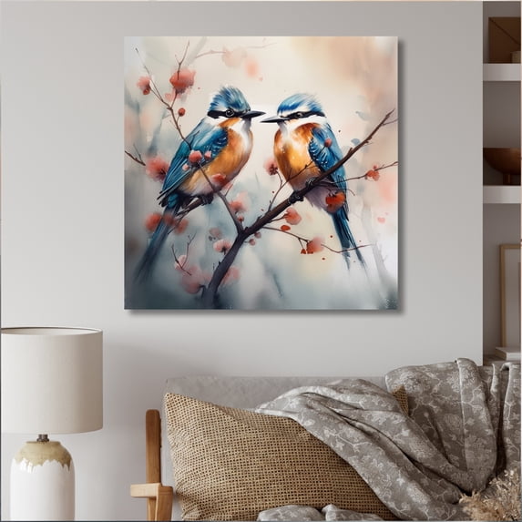 Designart "Blue Birds Sitting On Tree Branch II" Animals Bird Floral Wall Decor