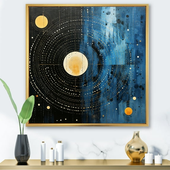 Designart "Blue Black Abstract Simplicity Round Lines III" Abstract Collages Floater Framed Canvas Print