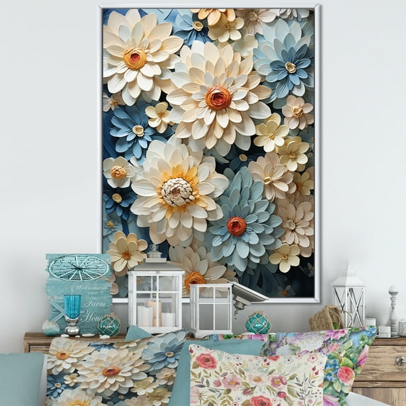 Designart "Blue Blooms Of Zinnias II" Zinnias Floater Framed Wall Art Prints