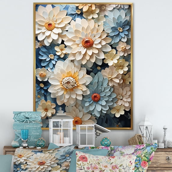 Designart "Blue Blooms Of Zinnias II" Zinnias Floater Framed Wall Art Prints